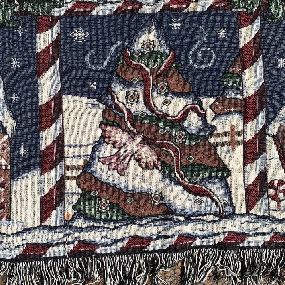 Vintage Christmas Gingerbread Village Peppermint Woven Throw Blanket Tapestry